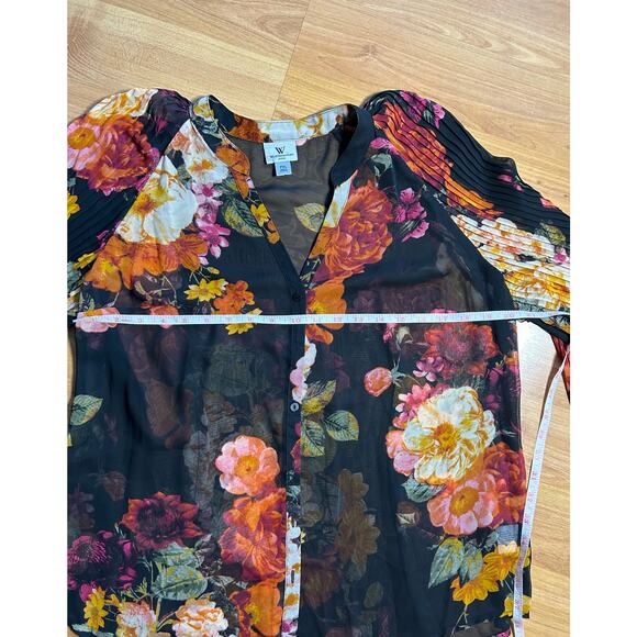 Worthington Black floral sheer long bishop sleeve button up blouse Whimsigoth XL - Picture 7 of 9
